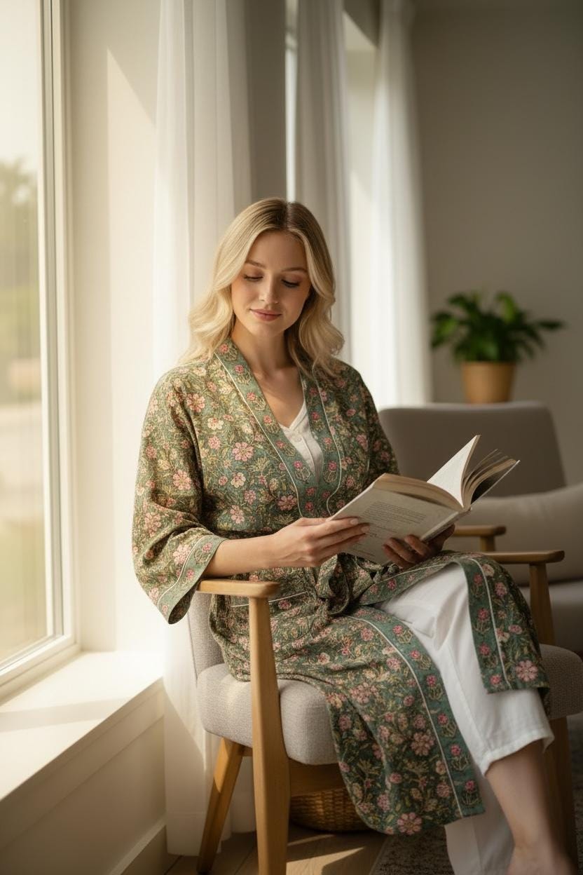 Green Floral Cotton Block Print Bathrobe, Handmade Kimono Robe, Soft Lightweight Dressing Gown, Spa Robe, Bridesmaid Gift