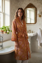 Yellow Floral Cotton Block Print Bathrobe, Handmade Kimono Robe, Lightweight Dressing Gown, Spa Robe, Bridal Getting Ready Robe