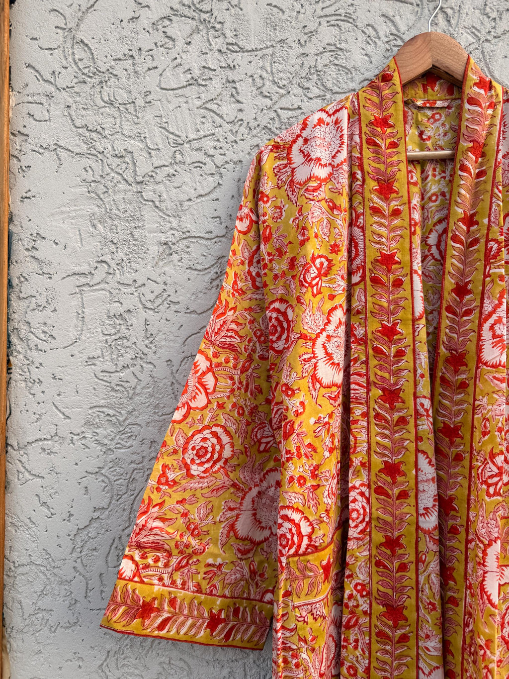 Yellow Floral Cotton Block Print Bathrobe, Handmade Kimono Robe, Lightweight Dressing Gown, Spa Robe, Bridal Getting Ready Robe