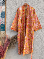 Yellow Floral Cotton Block Print Bathrobe, Handmade Kimono Robe, Lightweight Dressing Gown, Spa Robe, Bridal Getting Ready Robe