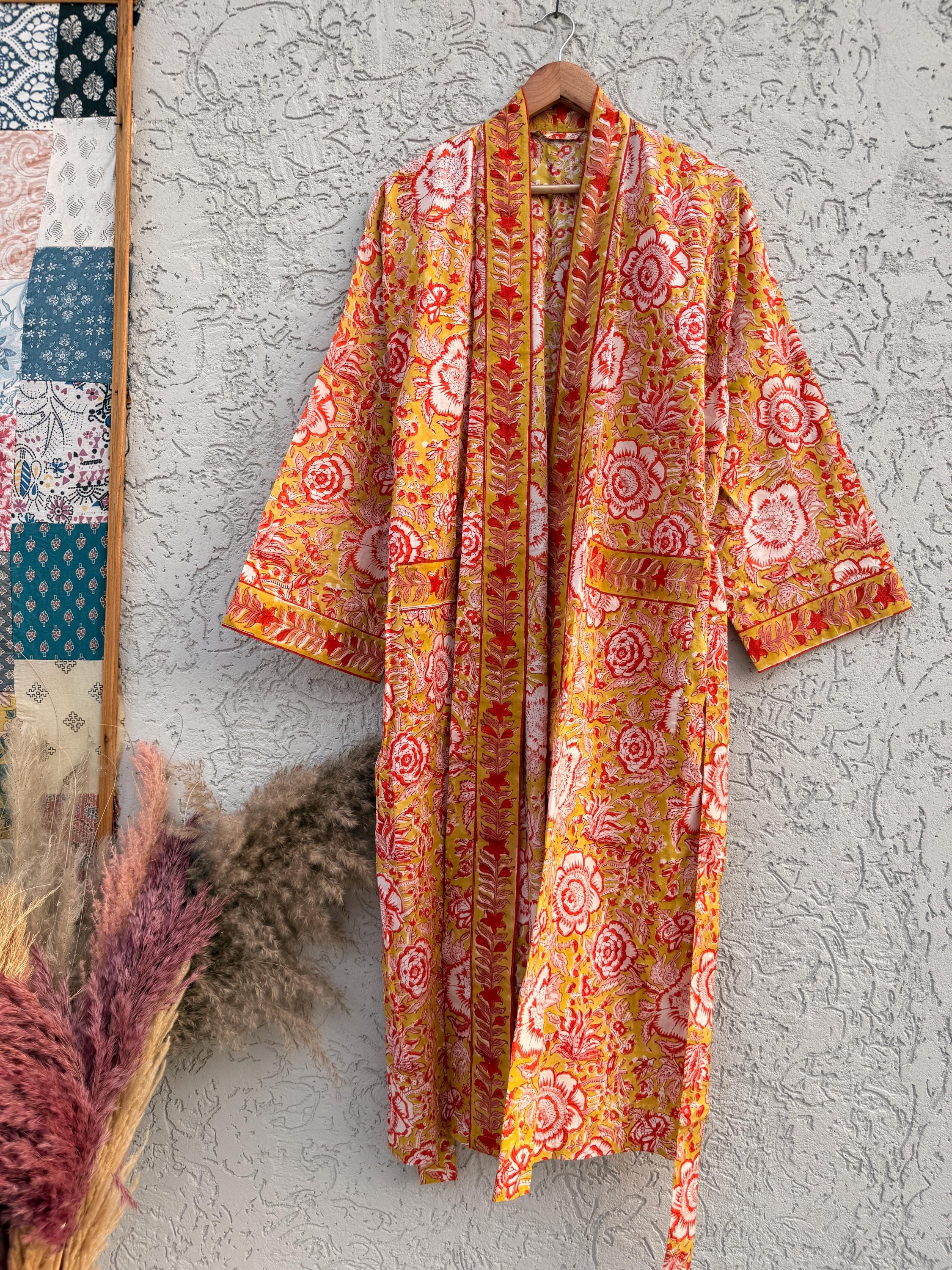 Yellow Floral Cotton Block Print Bathrobe, Handmade Kimono Robe, Lightweight Dressing Gown, Spa Robe, Bridal Getting Ready Robe