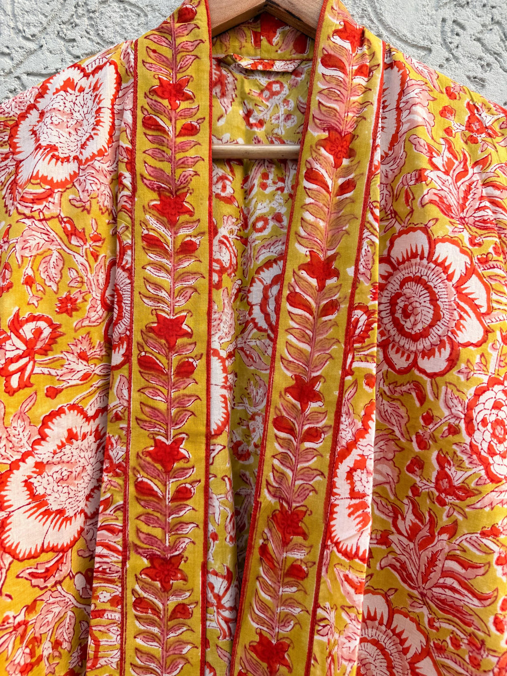 Yellow Floral Cotton Block Print Bathrobe, Handmade Kimono Robe, Lightweight Dressing Gown, Spa Robe, Bridal Getting Ready Robe