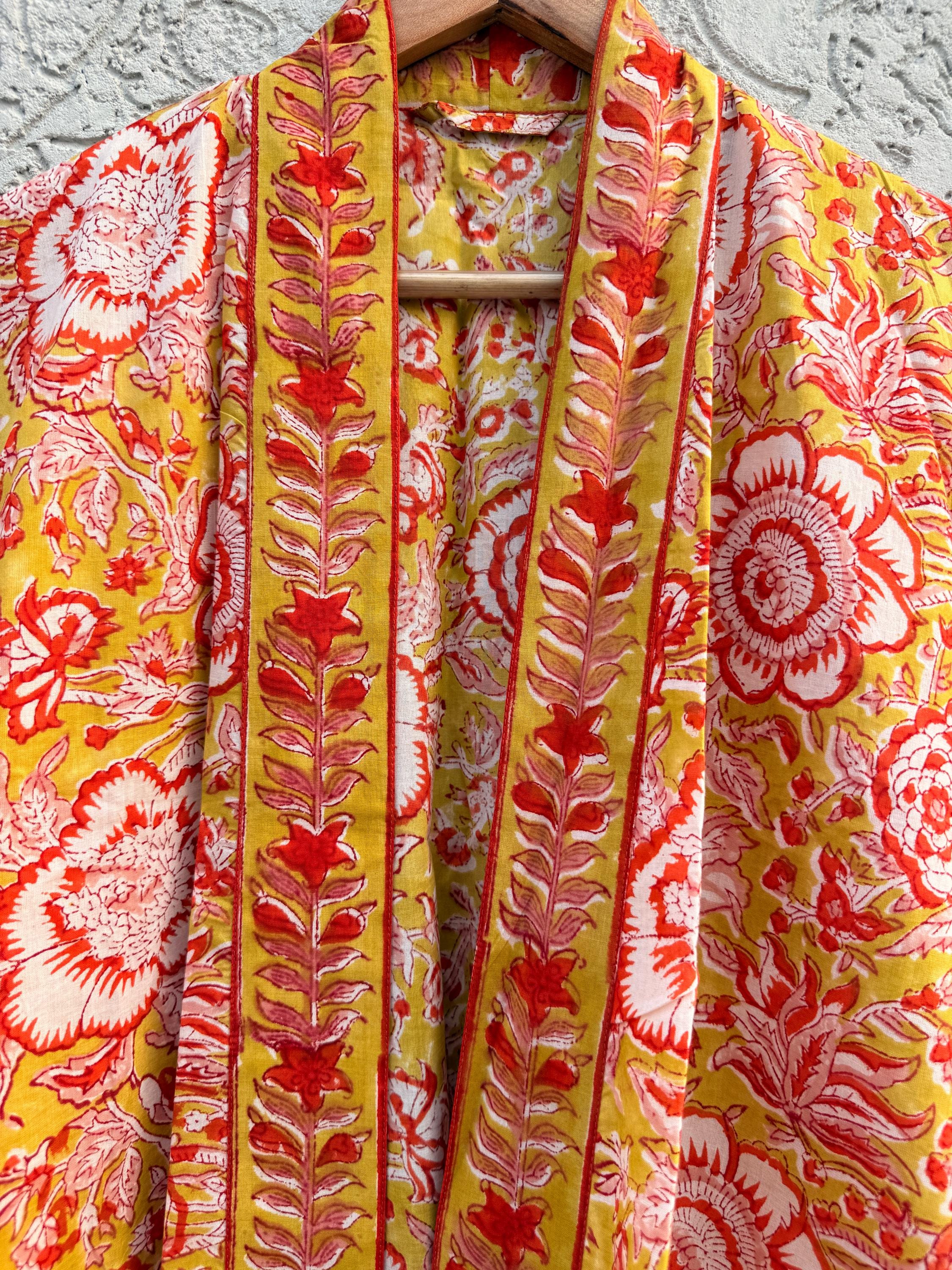 Yellow Floral Cotton Block Print Bathrobe, Handmade Kimono Robe, Lightweight Dressing Gown, Spa Robe, Bridal Getting Ready Robe