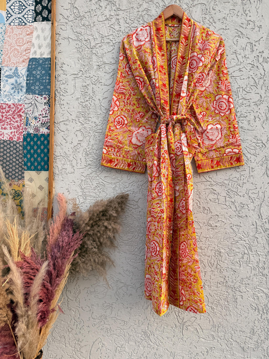 Yellow Floral Cotton Block Print Bathrobe, Handmade Kimono Robe, Lightweight Dressing Gown, Spa Robe, Bridal Getting Ready Robe