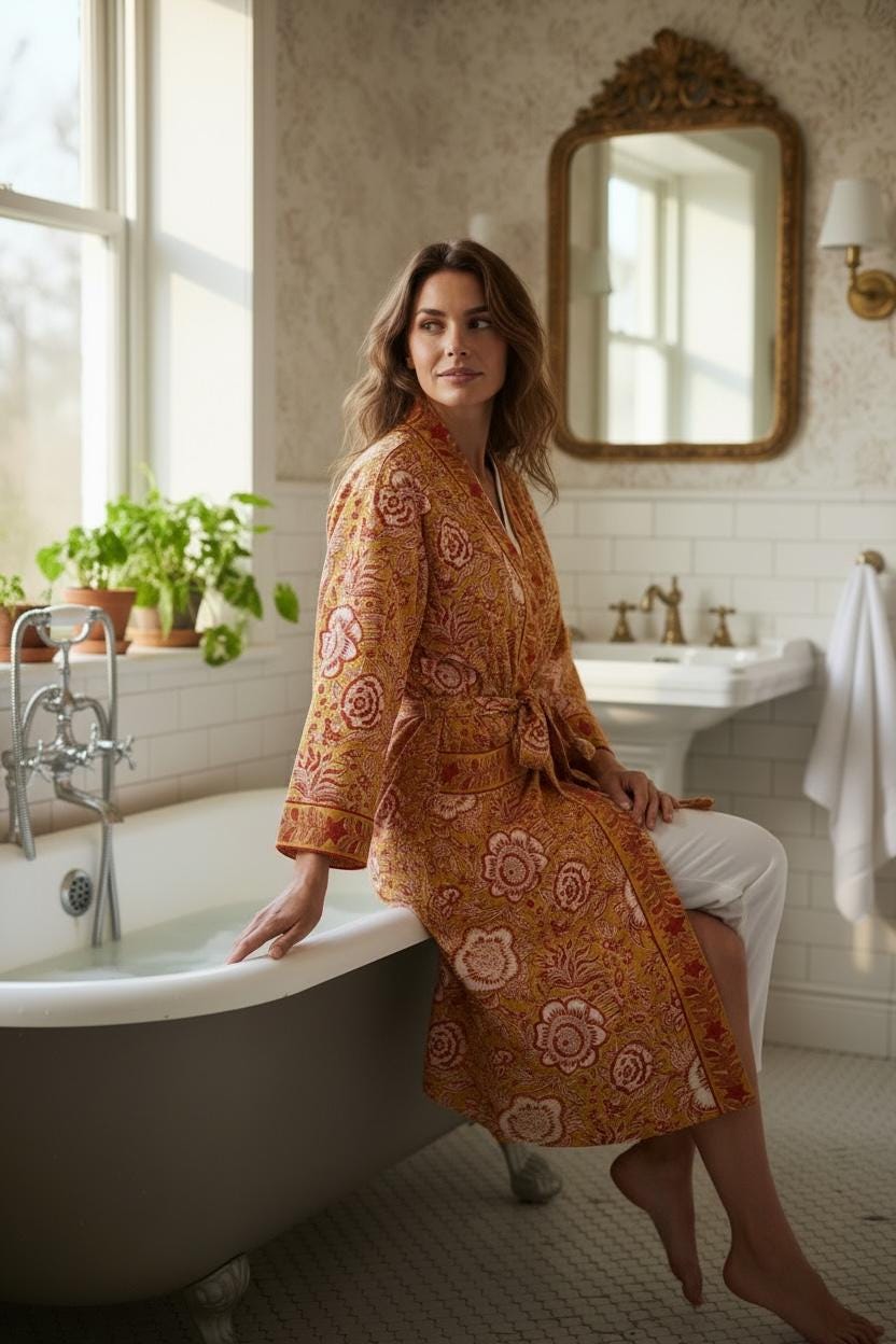 Yellow Floral Cotton Block Print Bathrobe, Handmade Kimono Robe, Lightweight Dressing Gown, Spa Robe, Bridal Getting Ready Robe