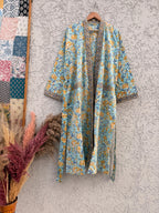 Indian Block Print Cotton Bathrobe | Blue Floral Kimono Robe | Handmade Lightweight Dressing Gown | Soft Cotton Spa Robe