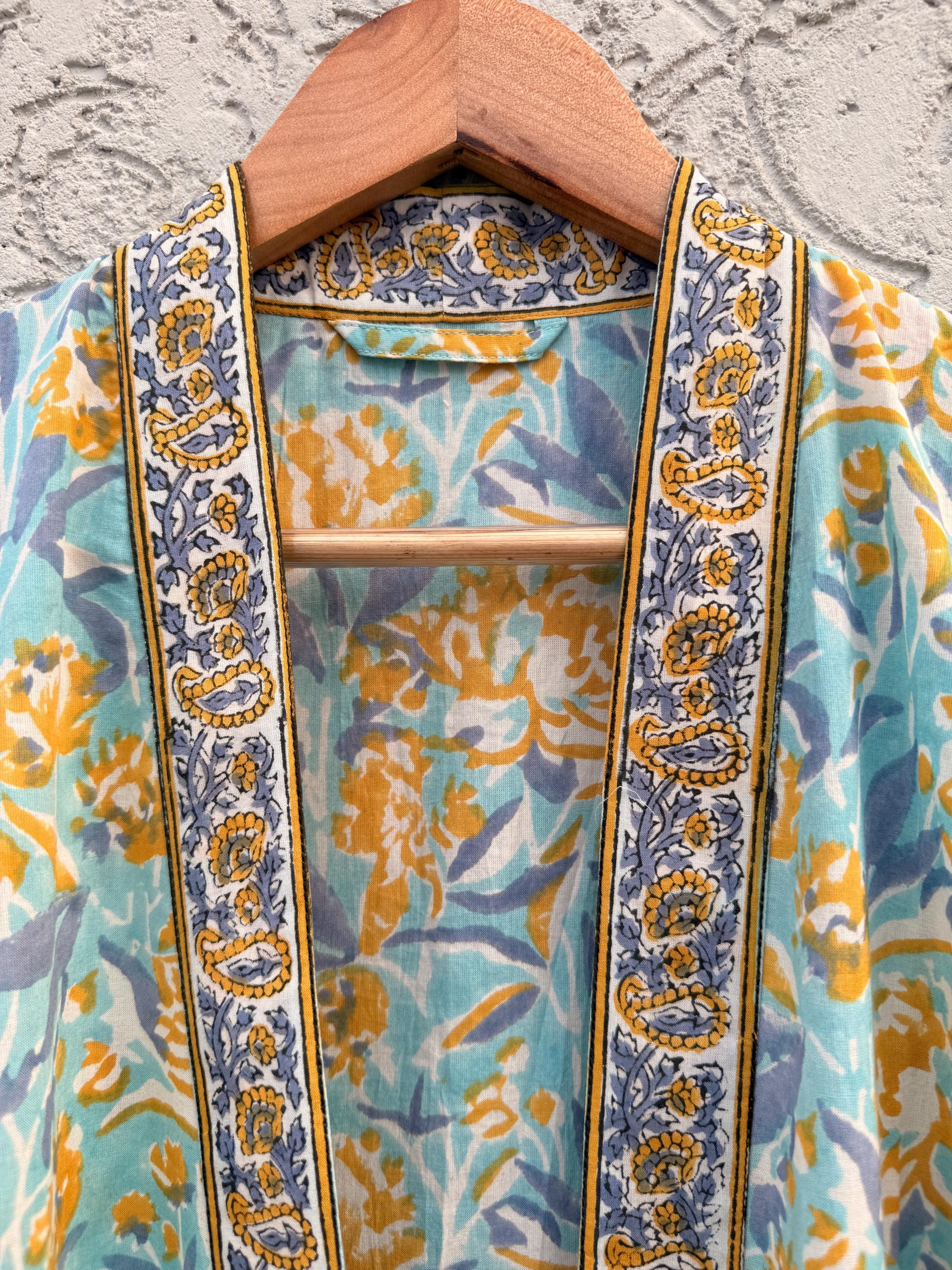Indian Block Print Cotton Bathrobe | Blue Floral Kimono Robe | Handmade Lightweight Dressing Gown | Soft Cotton Spa Robe