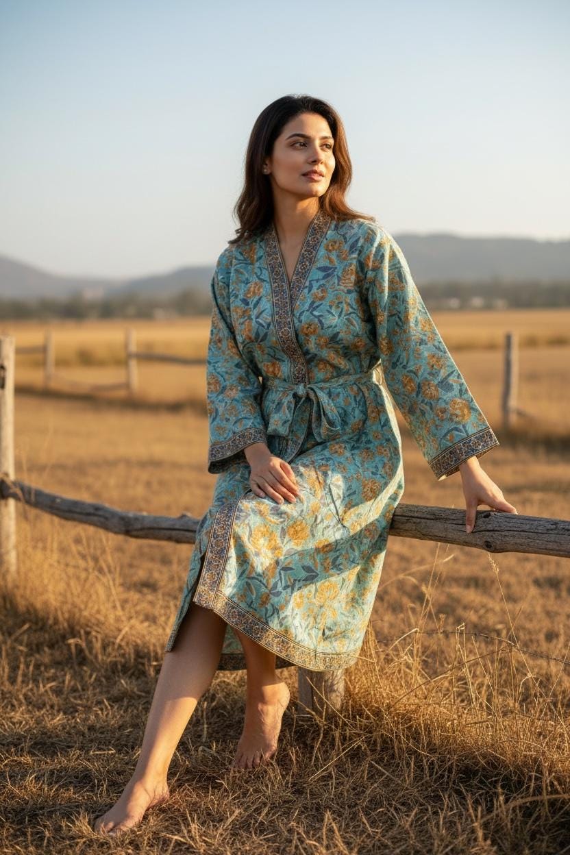 Indian Block Print Cotton Bathrobe | Blue Floral Kimono Robe | Handmade Lightweight Dressing Gown | Soft Cotton Spa Robe