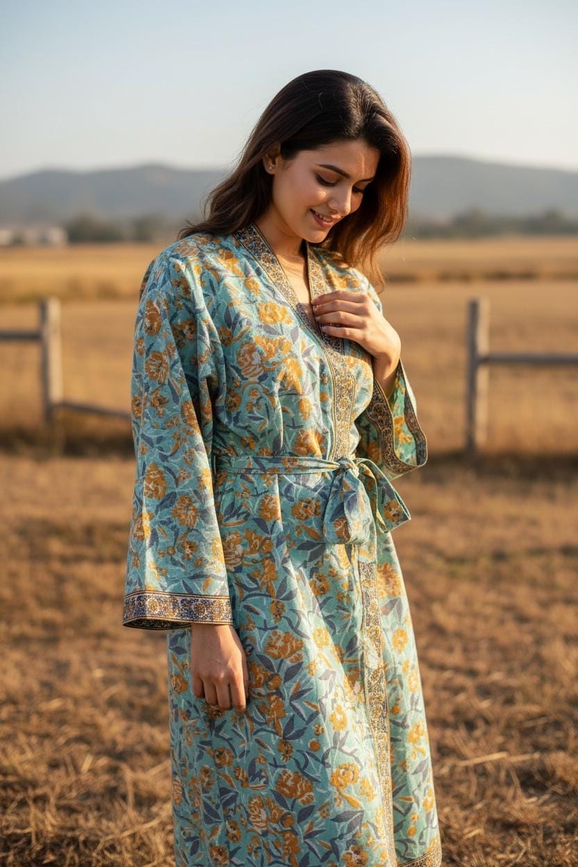 Indian Block Print Cotton Bathrobe | Blue Floral Kimono Robe | Handmade Lightweight Dressing Gown | Soft Cotton Spa Robe