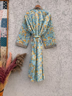 Indian Block Print Cotton Bathrobe | Blue Floral Kimono Robe | Handmade Lightweight Dressing Gown | Soft Cotton Spa Robe