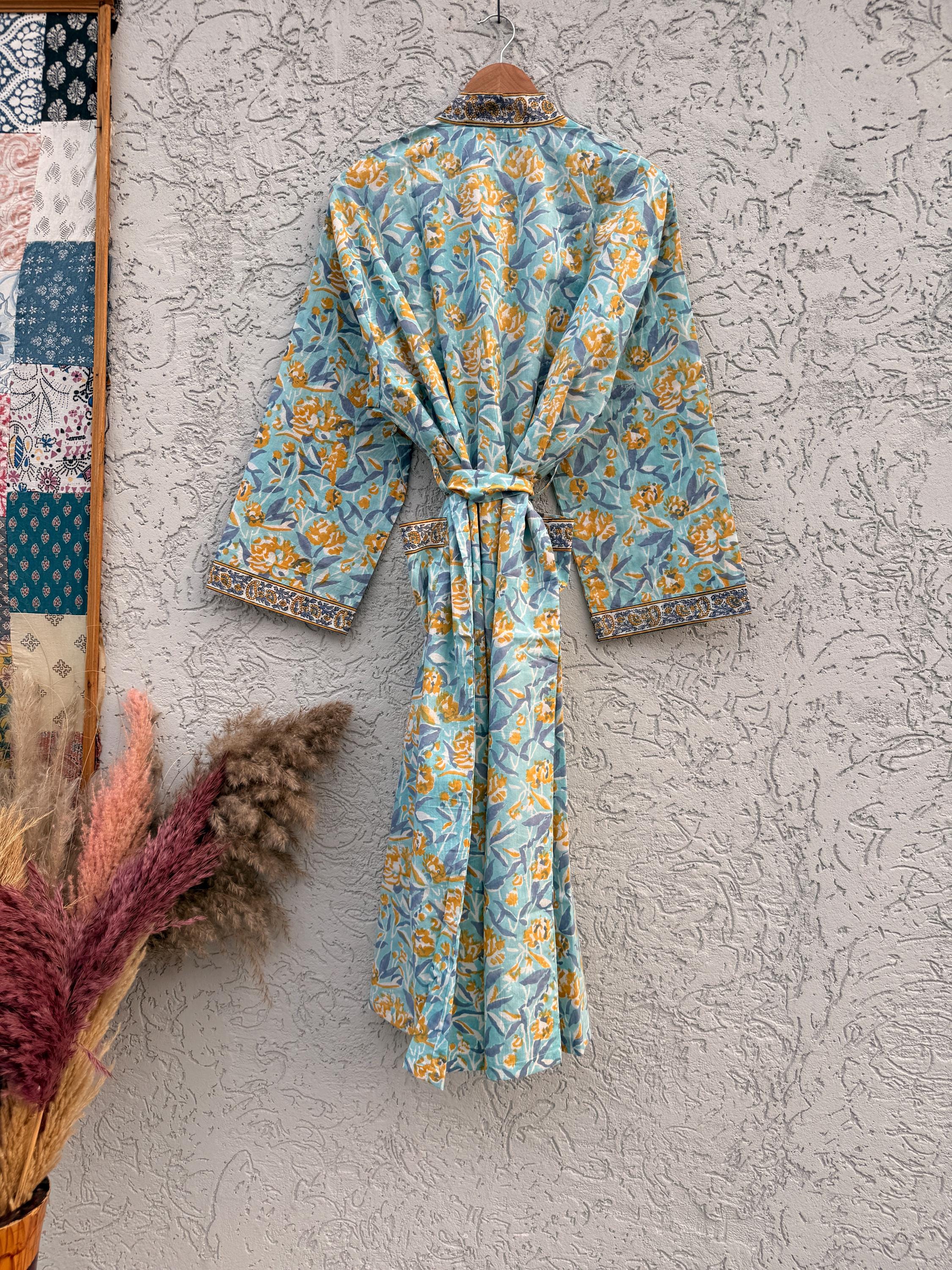 Indian Block Print Cotton Bathrobe | Blue Floral Kimono Robe | Handmade Lightweight Dressing Gown | Soft Cotton Spa Robe