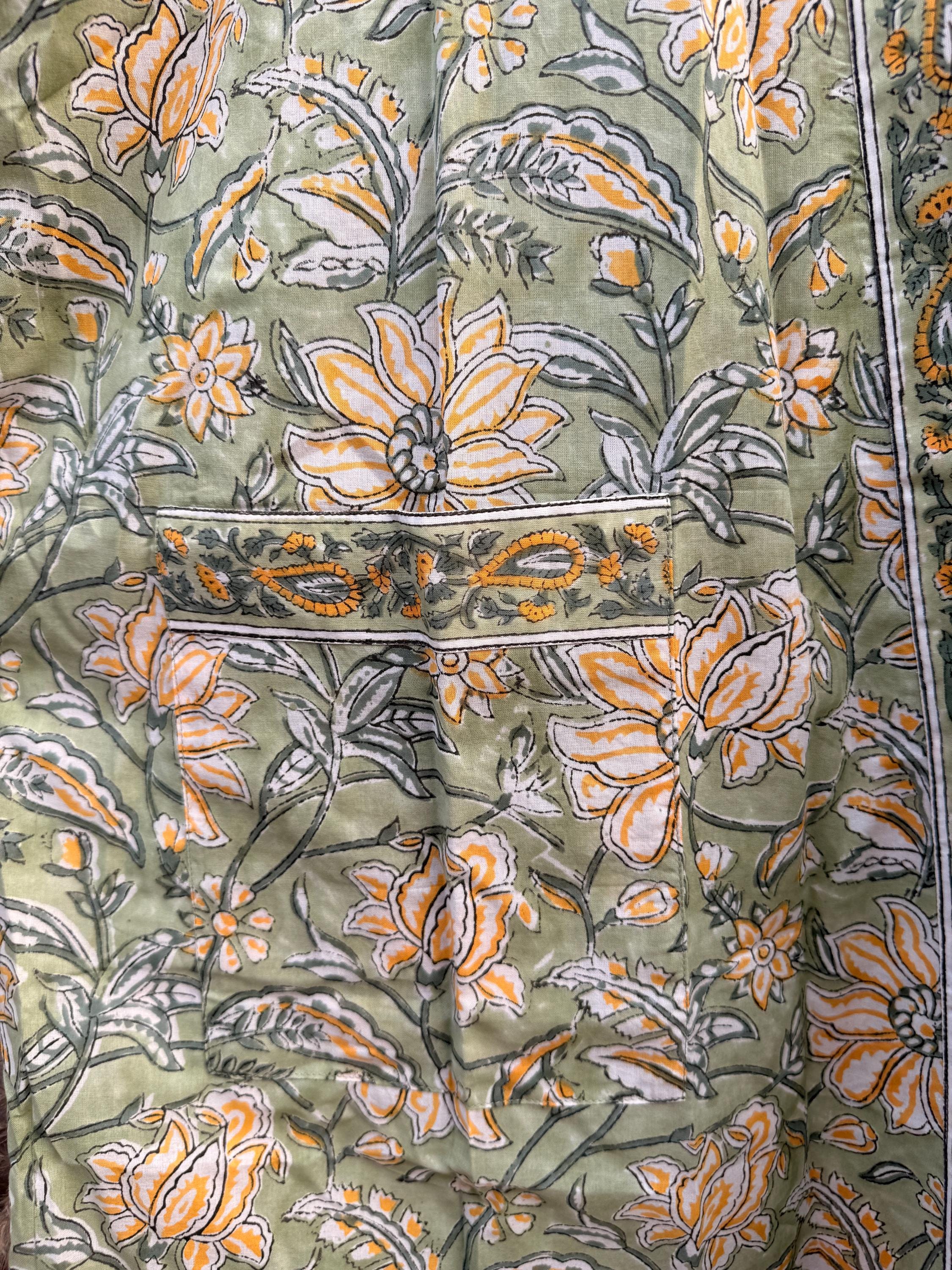Block Print Cotton Bathrobe | Green Floral Kimono Robe | Handmade Indian Dressing Gown | Lightweight Spa Robe | Soft Cotton Loungewear Gift