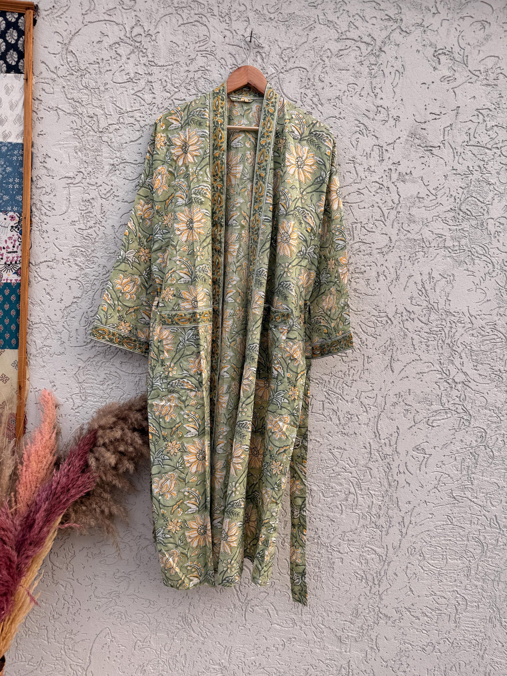 Block Print Cotton Bathrobe | Green Floral Kimono Robe | Handmade Indian Dressing Gown | Lightweight Spa Robe | Soft Cotton Loungewear Gift