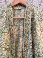 Block Print Cotton Bathrobe | Green Floral Kimono Robe | Handmade Indian Dressing Gown | Lightweight Spa Robe | Soft Cotton Loungewear Gift
