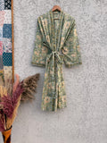 Block Print Cotton Bathrobe | Green Floral Kimono Robe | Handmade Indian Dressing Gown | Lightweight Spa Robe | Soft Cotton Loungewear Gift