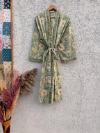 Block Print Cotton Bathrobe | Green Floral Kimono Robe | Handmade Indian Dressing Gown | Lightweight Spa Robe | Soft Cotton Loungewear Gift