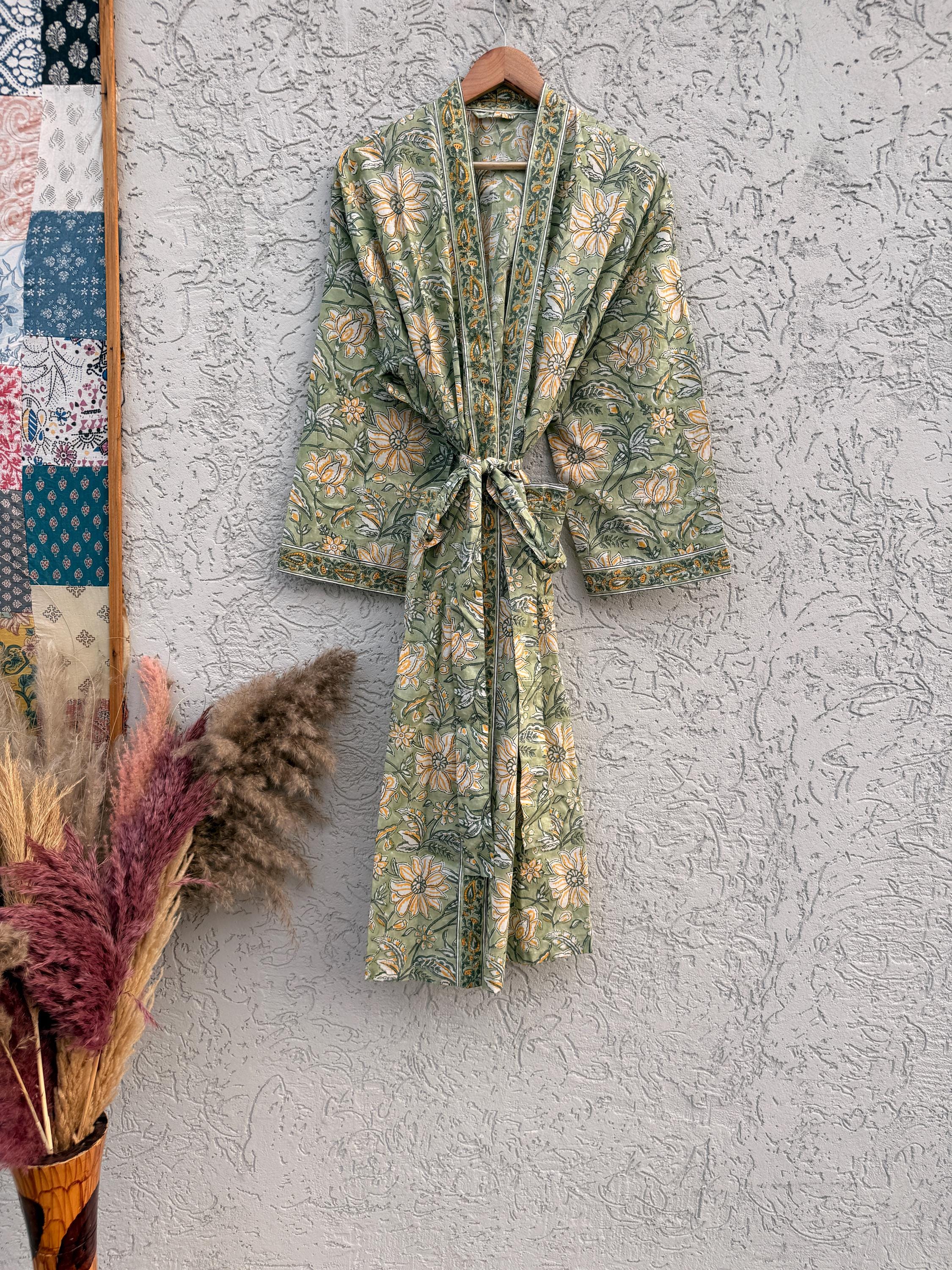 Block Print Cotton Bathrobe | Green Floral Kimono Robe | Handmade Indian Dressing Gown | Lightweight Spa Robe | Soft Cotton Loungewear Gift