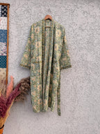 Block Print Cotton Bathrobe | Green Floral Kimono Robe | Handmade Indian Dressing Gown | Lightweight Spa Robe | Soft Cotton Loungewear Gift