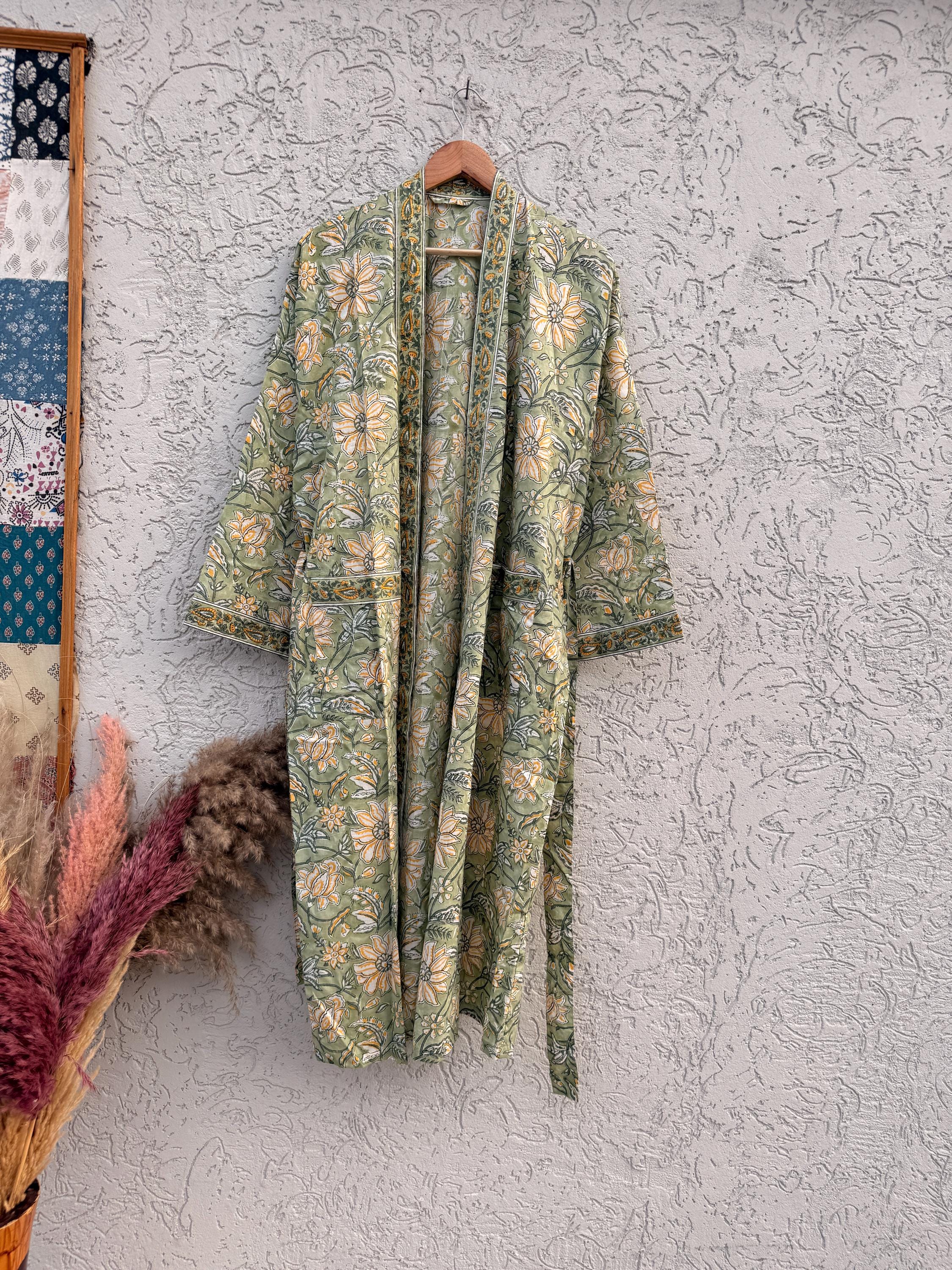 Block Print Cotton Bathrobe | Green Floral Kimono Robe | Handmade Indian Dressing Gown | Lightweight Spa Robe | Soft Cotton Loungewear Gift