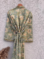 Block Print Cotton Bathrobe | Green Floral Kimono Robe | Handmade Indian Dressing Gown | Lightweight Spa Robe | Soft Cotton Loungewear Gift