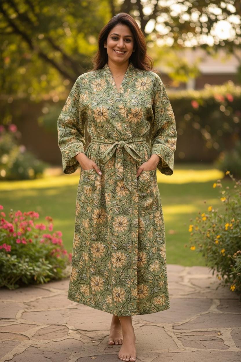 Block Print Cotton Bathrobe | Green Floral Kimono Robe | Handmade Indian Dressing Gown | Lightweight Spa Robe | Soft Cotton Loungewear Gift