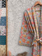 Jaipuri Floral Block Print Cotton Bathrobe | Grey Pink Mustard Kimono Robe | Handmade Indian Dressing Gown | Lightweight Spa Robe