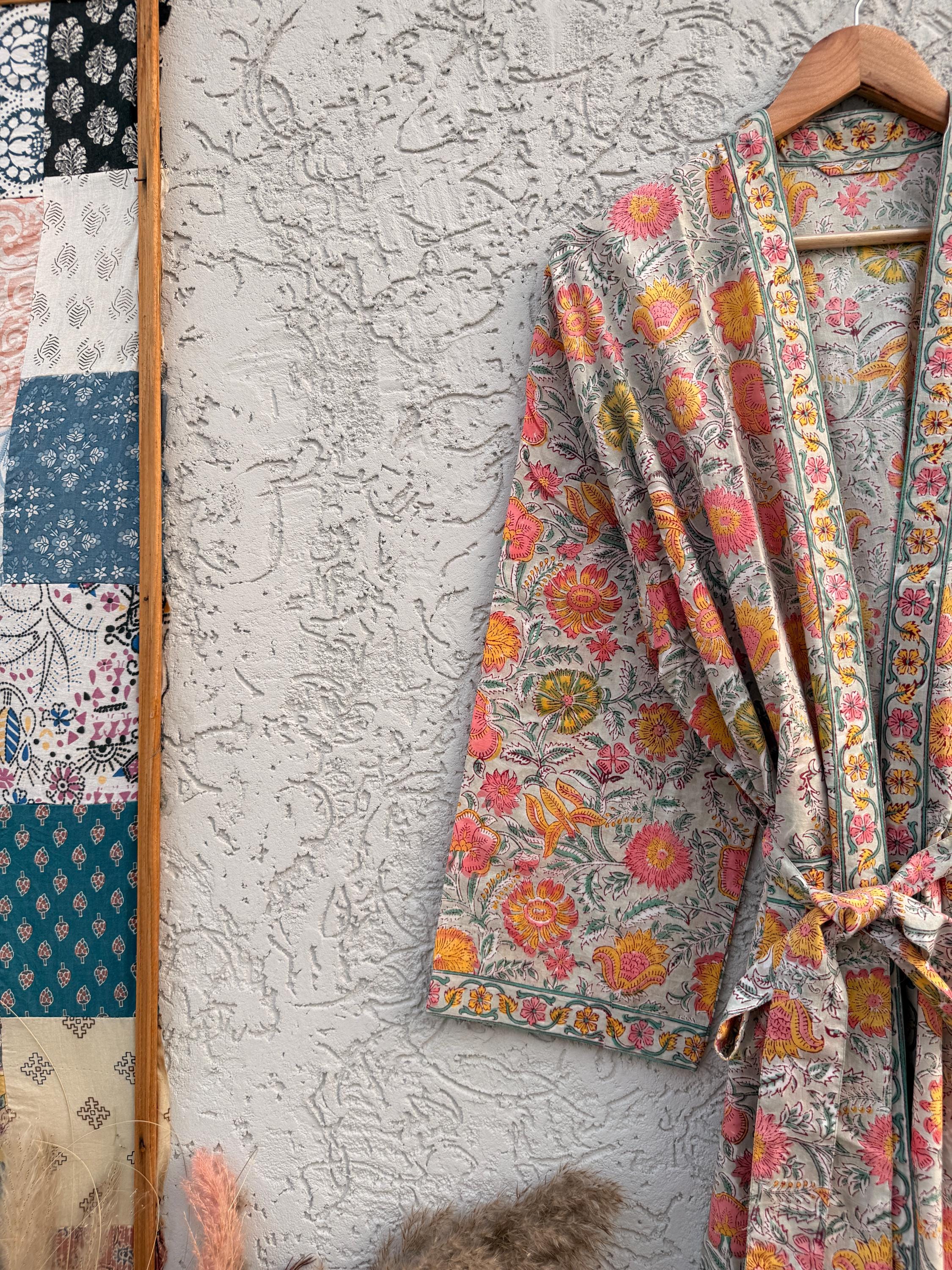 Jaipuri Floral Block Print Cotton Bathrobe | Grey Pink Mustard Kimono Robe | Handmade Indian Dressing Gown | Lightweight Spa Robe