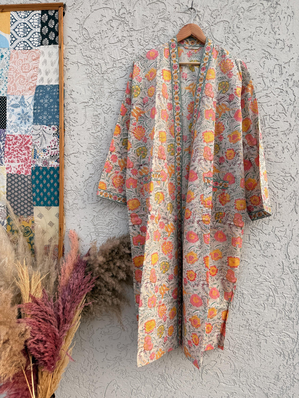 Jaipuri Floral Block Print Cotton Bathrobe | Grey Pink Mustard Kimono Robe | Handmade Indian Dressing Gown | Lightweight Spa Robe