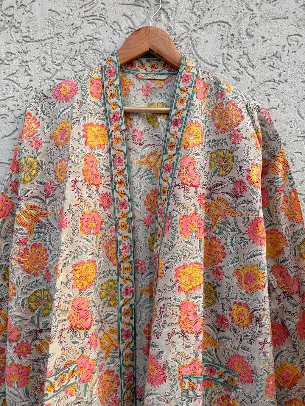 Jaipuri Floral Block Print Cotton Bathrobe | Grey Pink Mustard Kimono Robe | Handmade Indian Dressing Gown | Lightweight Spa Robe