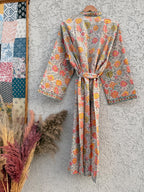 Jaipuri Floral Block Print Cotton Bathrobe | Grey Pink Mustard Kimono Robe | Handmade Indian Dressing Gown | Lightweight Spa Robe