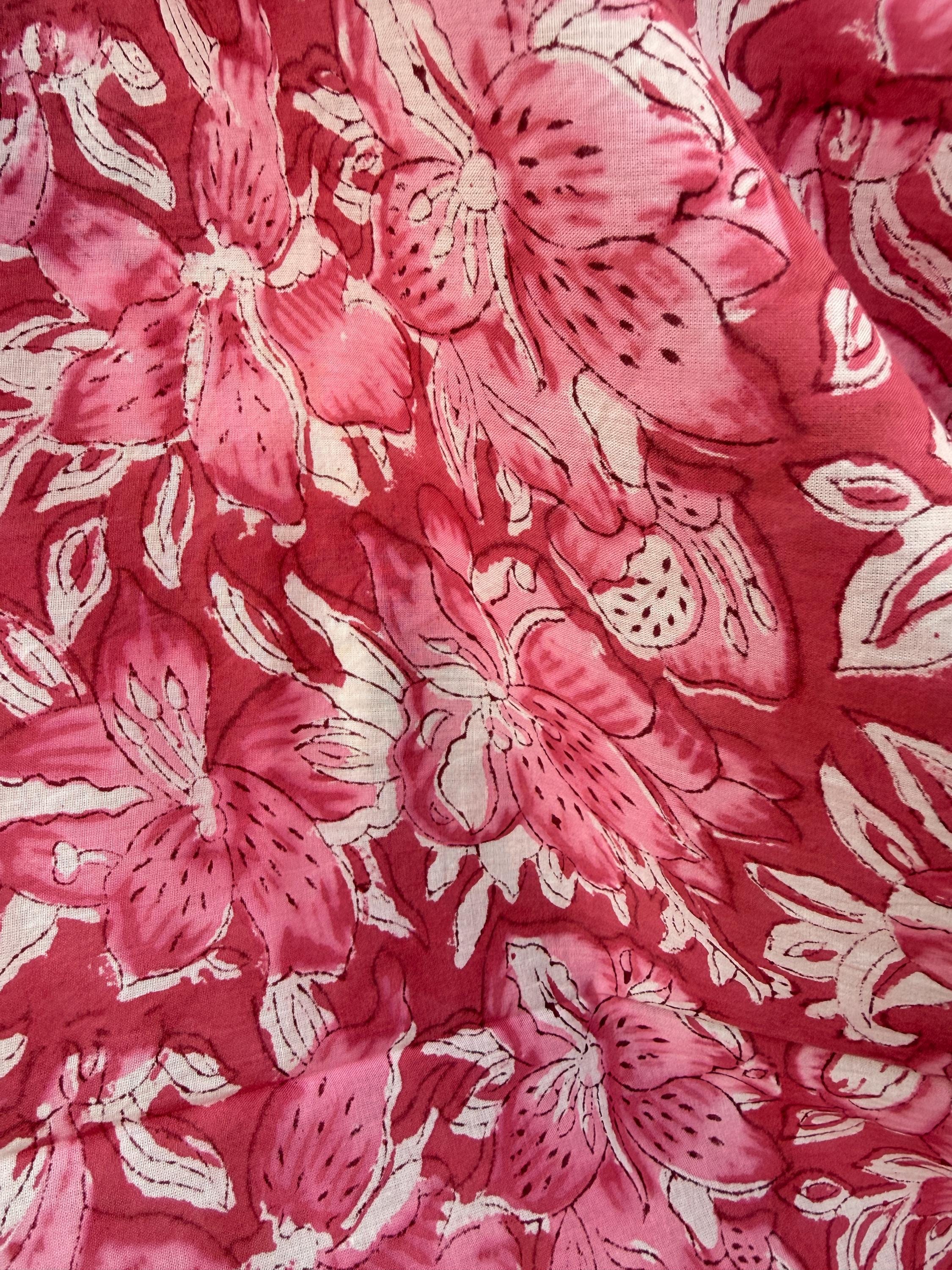 Pink Floral Block Print Sarong – Handmade Cotton Beach Wrap, Boho Pareo, Summer Swim Cover Up, Resort Wear Sarong, Beach Dress Wrap