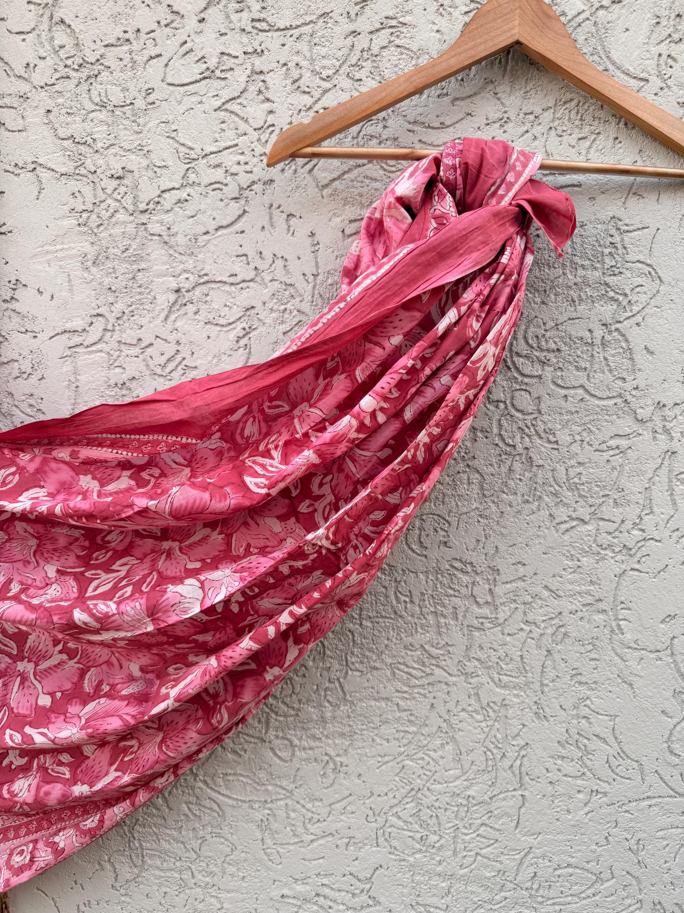 Pink Floral Block Print Sarong – Handmade Cotton Beach Wrap, Boho Pareo, Summer Swim Cover Up, Resort Wear Sarong, Beach Dress Wrap