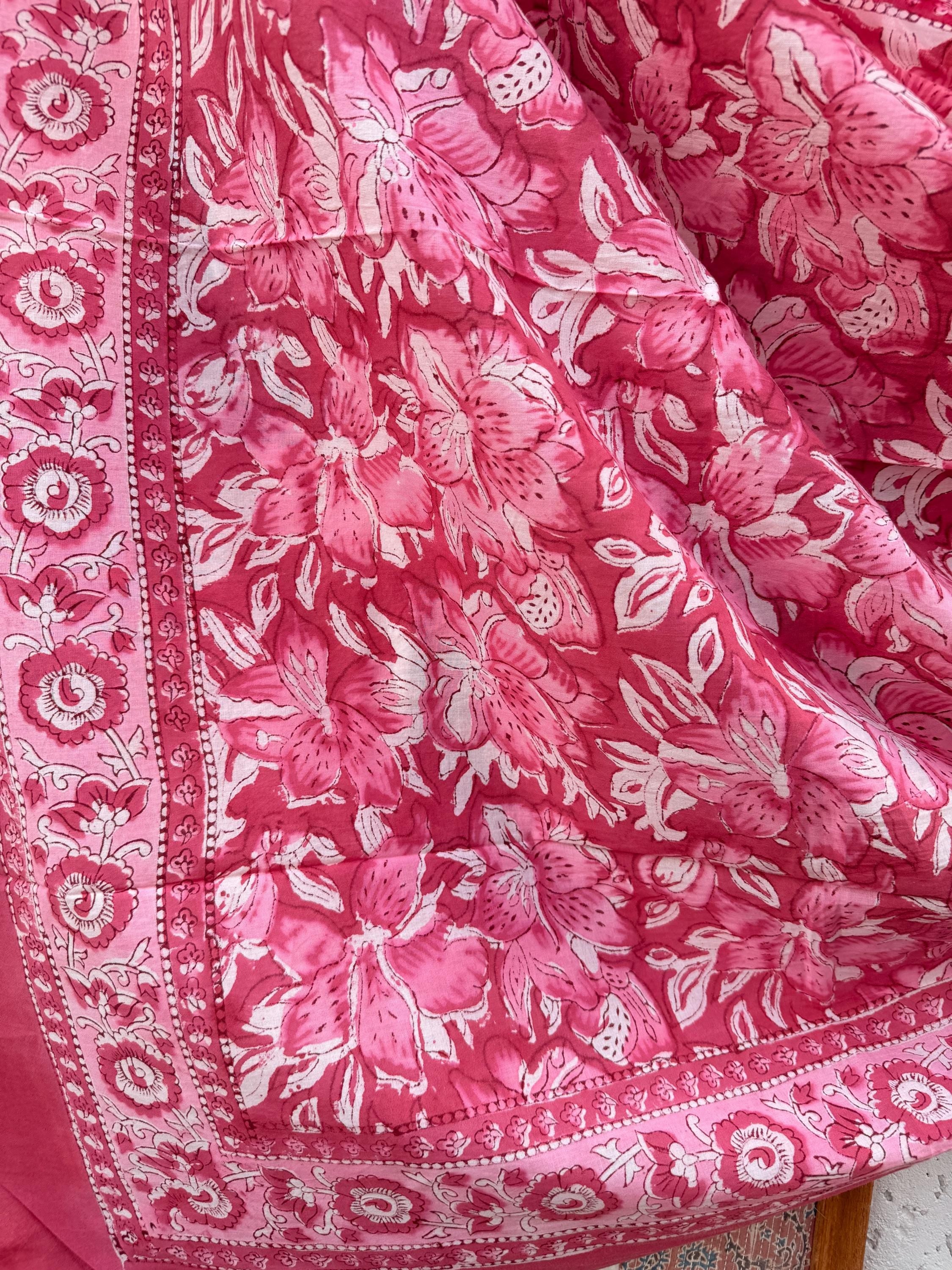 Pink Floral Block Print Sarong – Handmade Cotton Beach Wrap, Boho Pareo, Summer Swim Cover Up, Resort Wear Sarong, Beach Dress Wrap