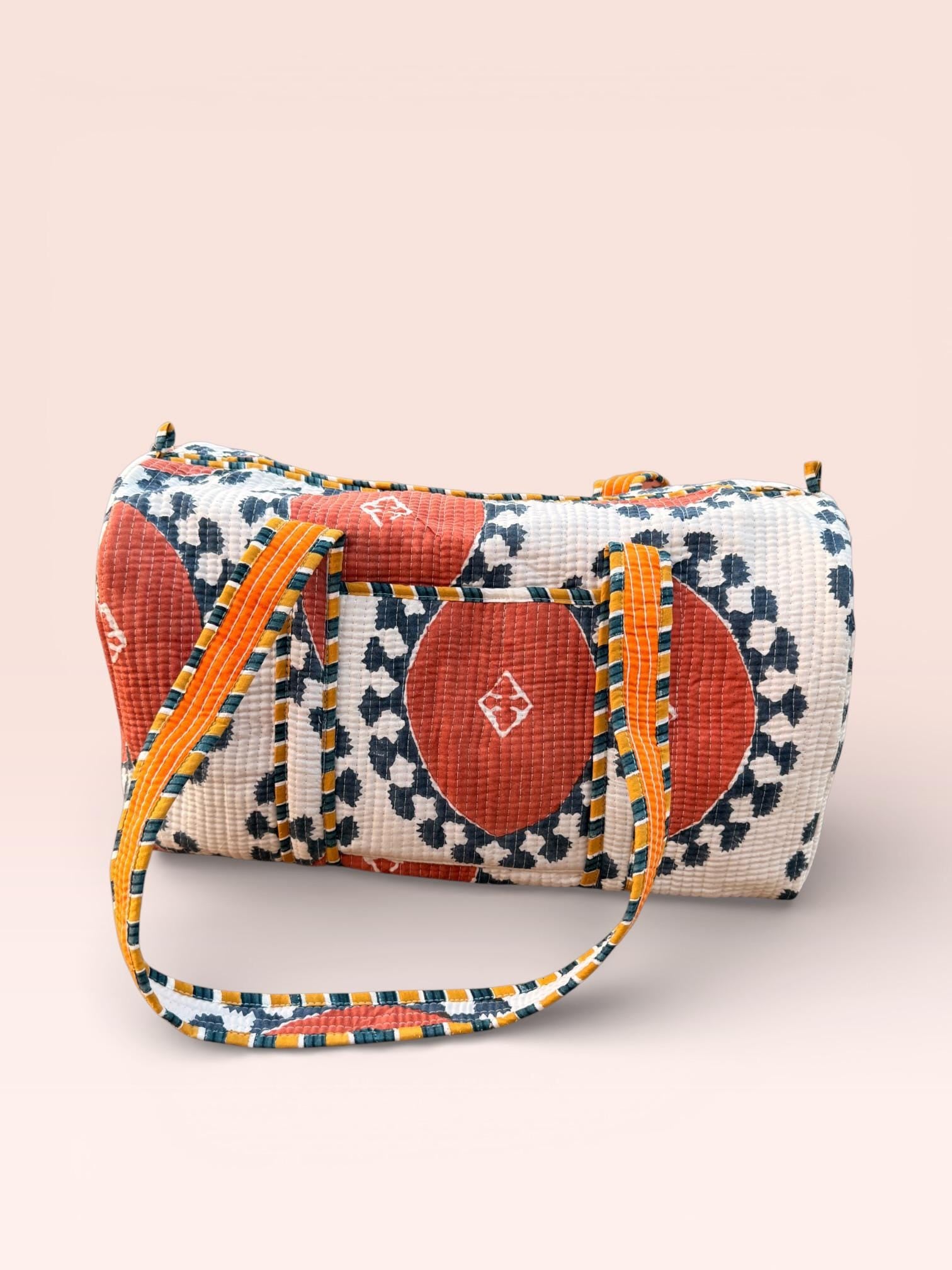 Handmade Jaipuri Block Print Duffle Bag – Quilted Cotton Weekender Bag – Floral Travel Bag – Indian Blockprint Overnight Bag – Gift for Her