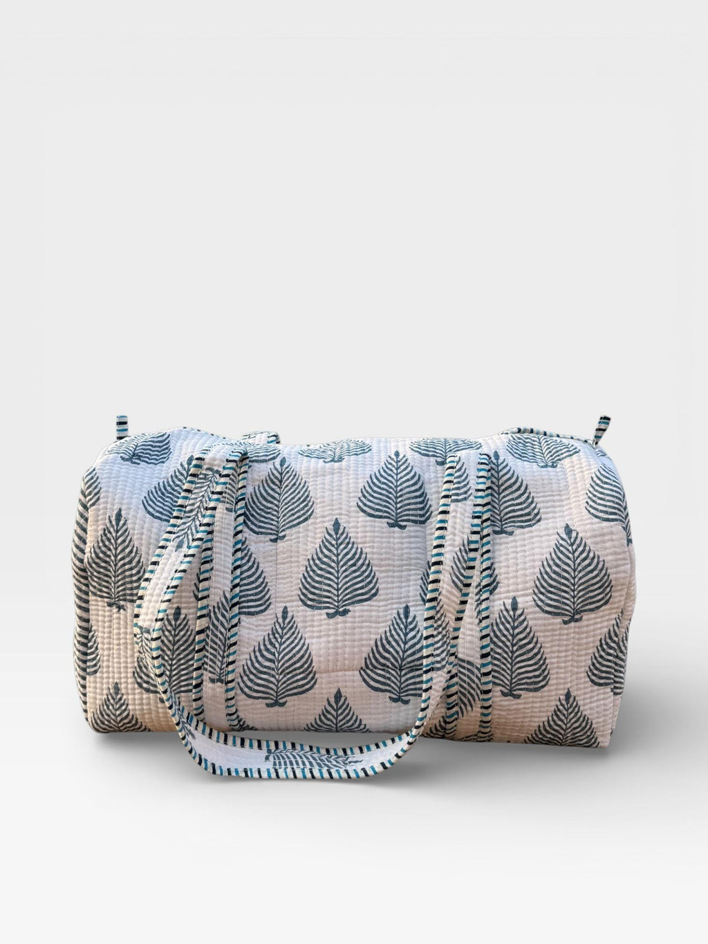 Handmade Cotton Block Print Duffle Bag – Blue Leaf Print Quilted Weekender Bag – Indian Jaipuri Travel Tote – Overnight Gym Bag