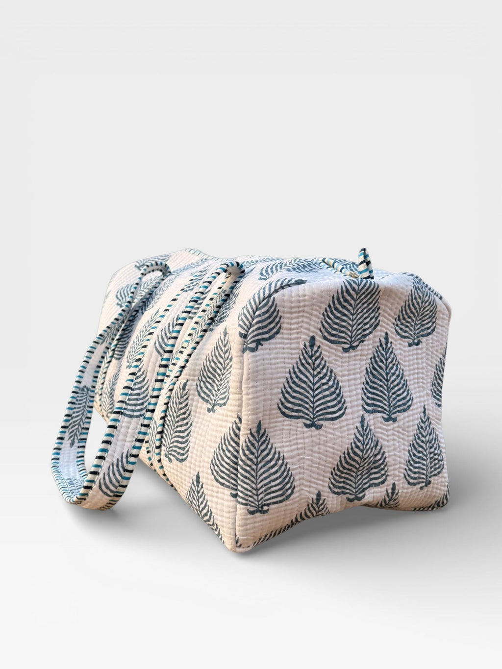 Handmade Cotton Block Print Duffle Bag – Blue Leaf Print Quilted Weekender Bag – Indian Jaipuri Travel Tote – Overnight Gym Bag