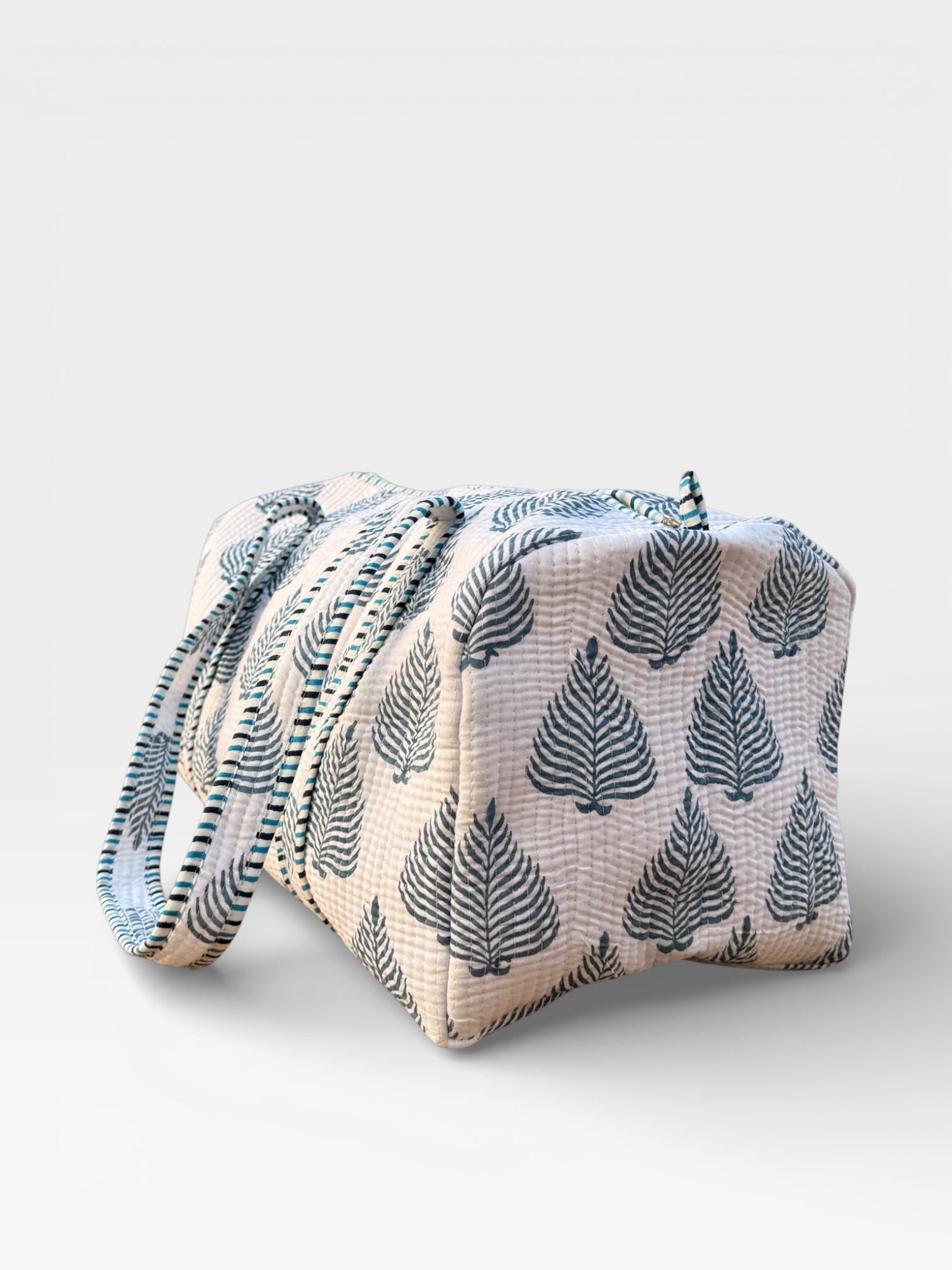 Handmade Cotton Block Print Duffle Bag – Blue Leaf Print Quilted Weekender Bag – Indian Jaipuri Travel Tote – Overnight Gym Bag