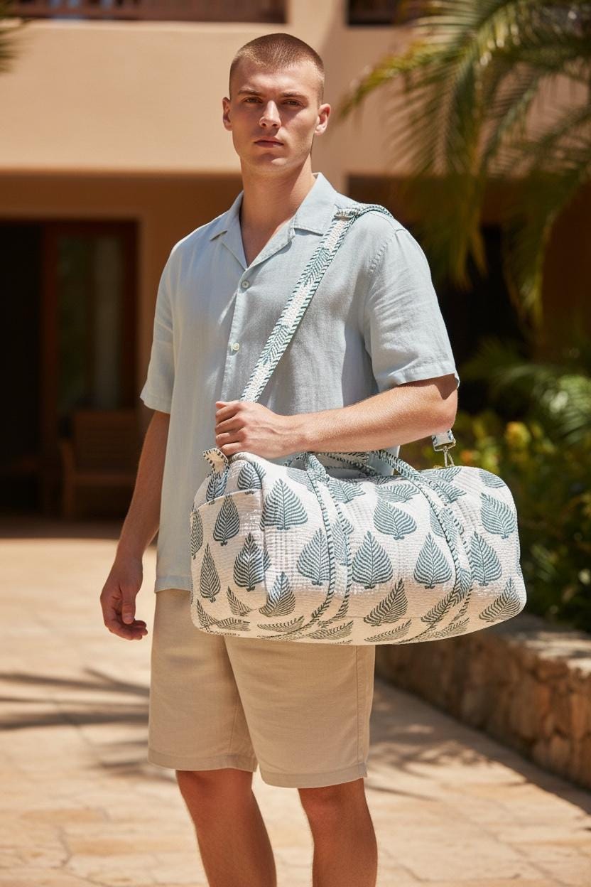 Handmade Cotton Block Print Duffle Bag – Blue Leaf Print Quilted Weekender Bag – Indian Jaipuri Travel Tote – Overnight Gym Bag