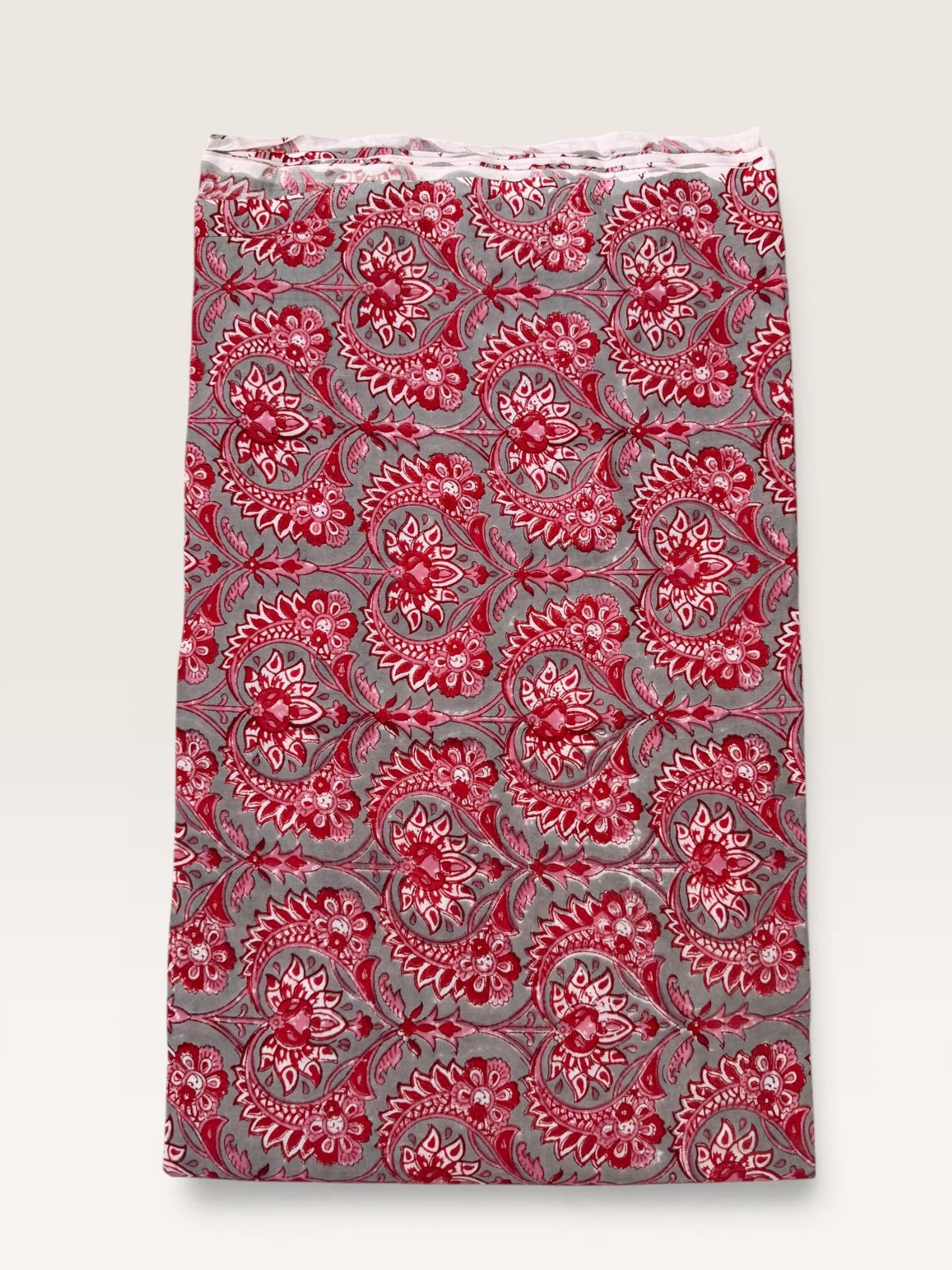 Red Floral Paisley Hand Block Print Cotton Fabric by Yard, Indian Running Fabric, Jaipur Block Print Textile for Dress,Quilting & DIY Sewing