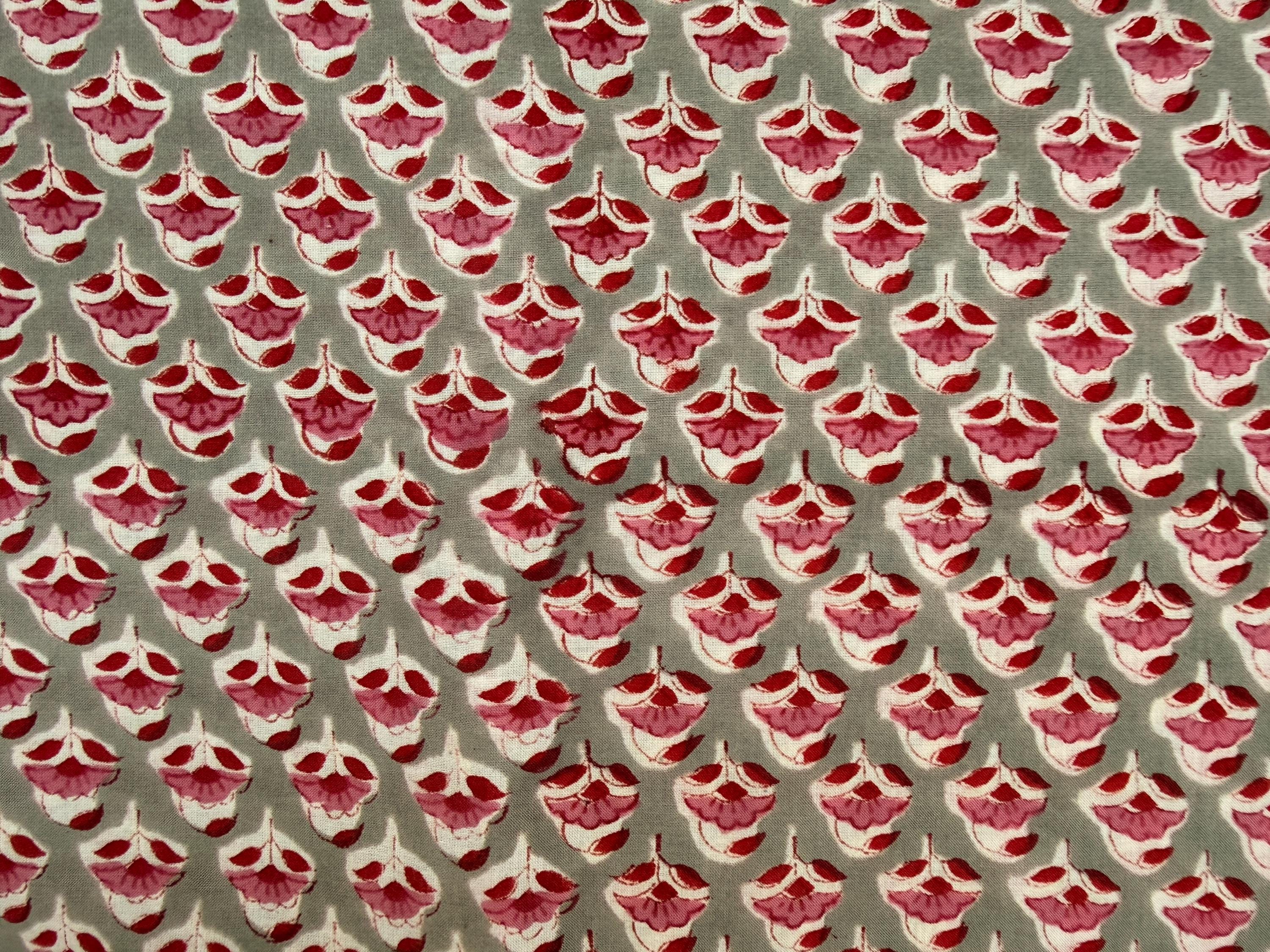 Red Floral Motif Hand Block Print Cotton Fabric by Yard, Indian Running Fabric, Jaipur Block Print Textile for Dress,Quilting & DIY Sewing