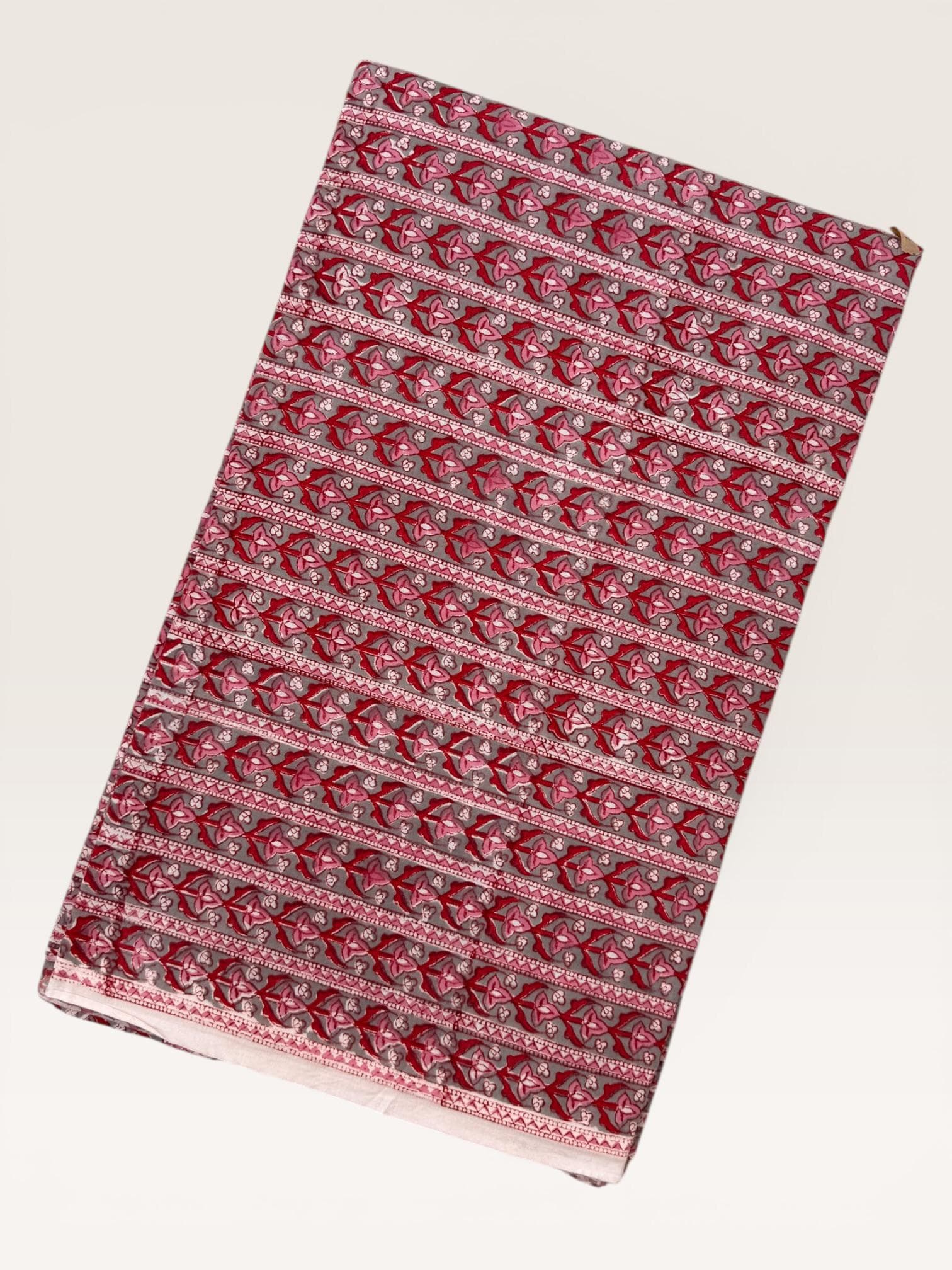 Red Floral Stripe Hand Block Print Cotton Fabric by Yard,Indian Running Fabric, Jaipur Block Print Textile for Dress, Quilting, & DIY Sewing