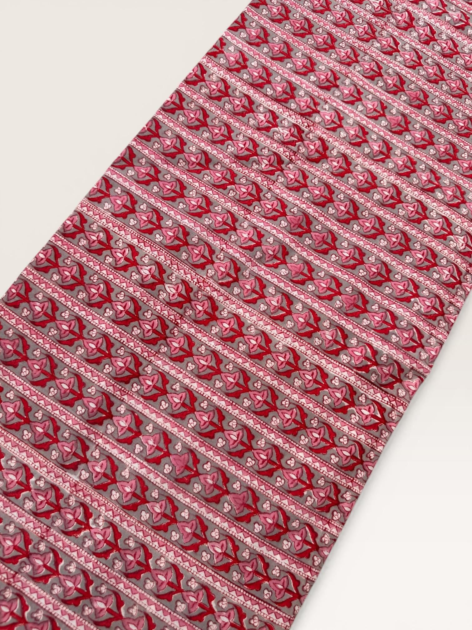 Red Floral Stripe Hand Block Print Cotton Fabric by Yard,Indian Running Fabric, Jaipur Block Print Textile for Dress, Quilting, & DIY Sewing