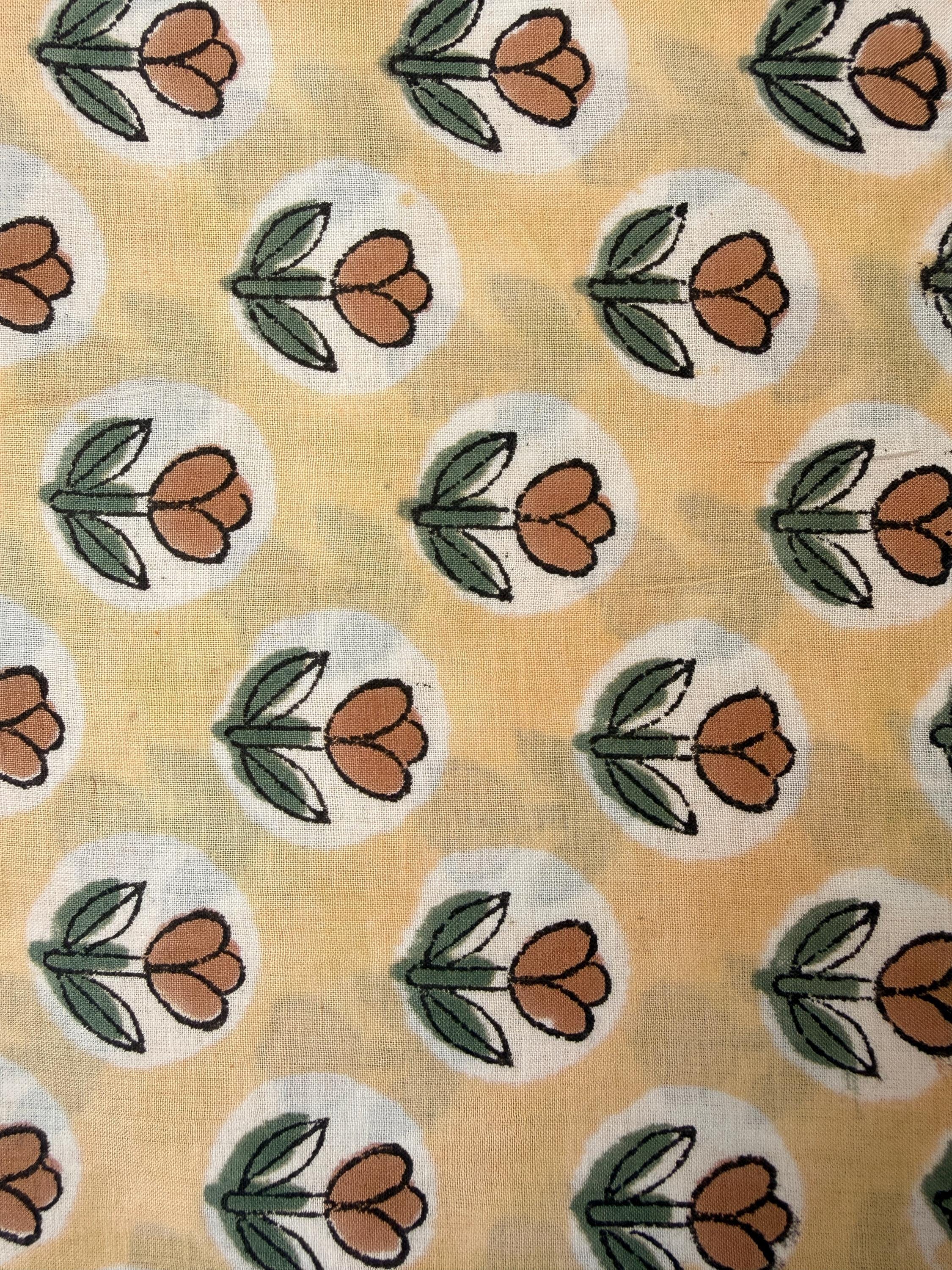 Yellow Floral Hand Block Print Cotton Fabric by Yard, Indian Running Fabric, Jaipur Block Print Textile for Dress, Quilting, Craft Sewing