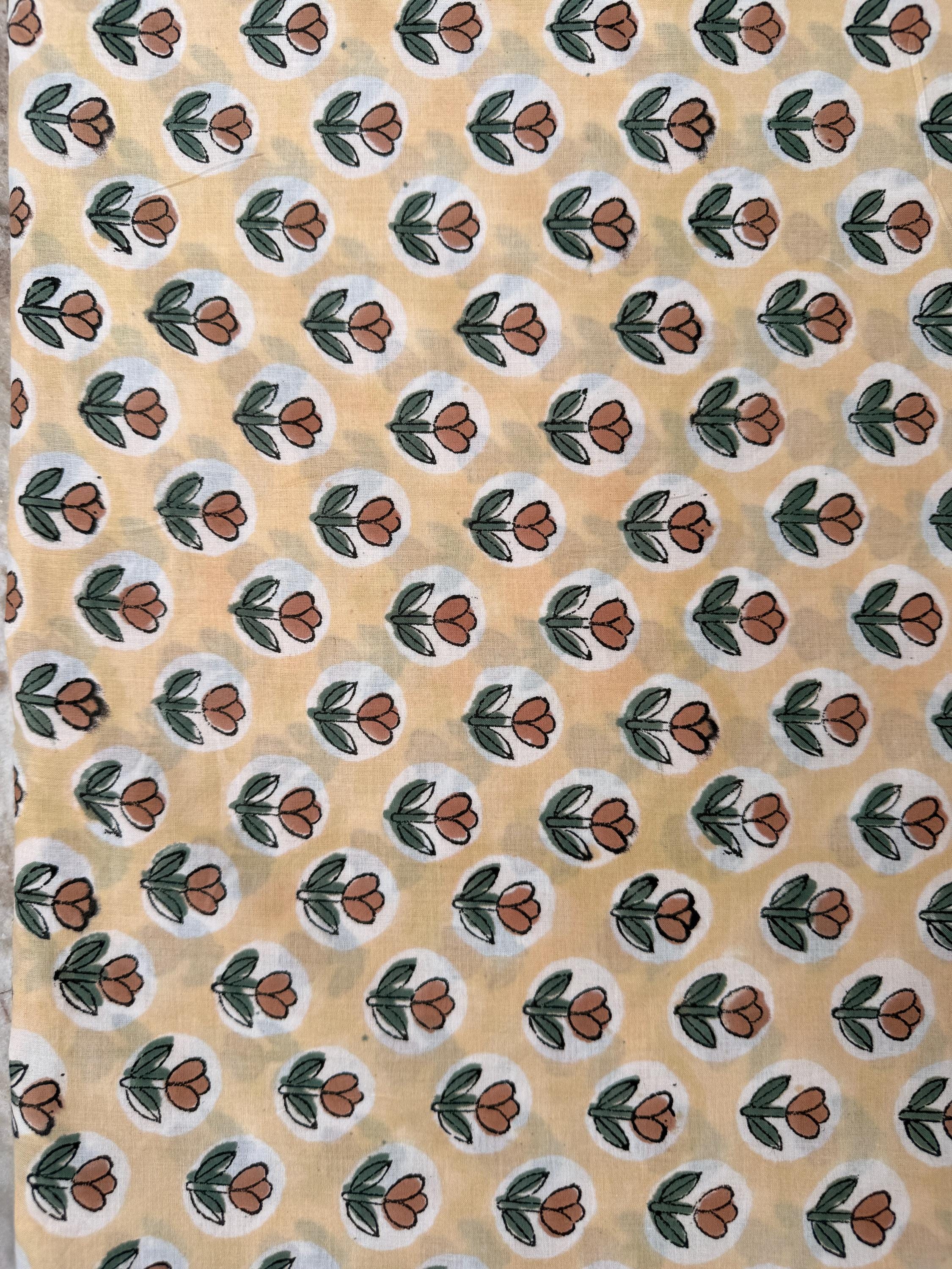 Yellow Floral Hand Block Print Cotton Fabric by Yard, Indian Running Fabric, Jaipur Block Print Textile for Dress, Quilting, Craft Sewing