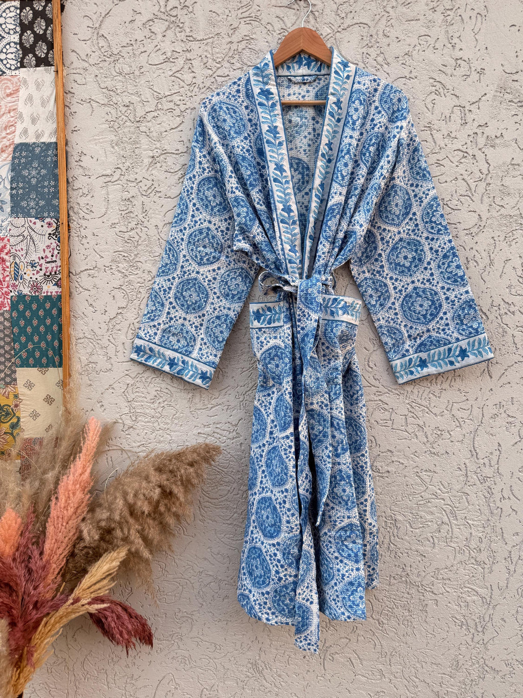 Blue & White Block Print Cotton Waffle Bathrobe – Handmade Jaipuri Kimono Robe – Lightweight  Dressing Gown – Bridesmaid Gift – Spa Robe