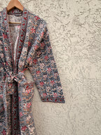 Handmade Block Print Waffle Cotton Bathrobe – Grey & Red Floral Jaipuri Robe – Lightweight Kimono Style Spa Robe – Women’s Lounge Wear Gift