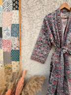 Handmade Block Print Waffle Cotton Bathrobe – Grey & Red Floral Jaipuri Robe – Lightweight Kimono Style Spa Robe – Women’s Lounge Wear Gift