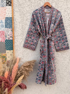 Handmade Block Print Waffle Cotton Bathrobe – Grey & Red Floral Jaipuri Robe – Lightweight Kimono Style Spa Robe – Women’s Lounge Wear Gift