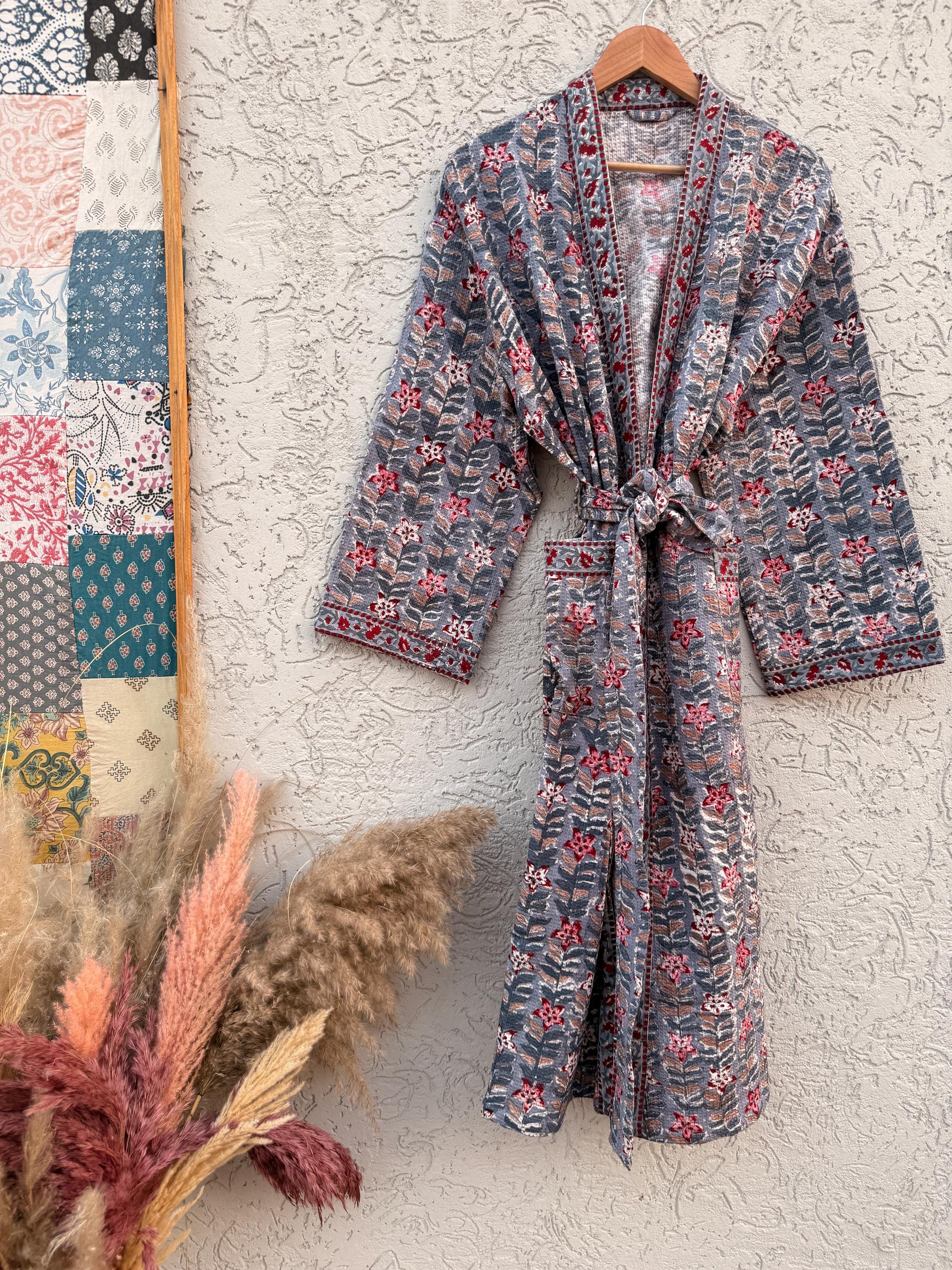 Handmade Block Print Waffle Cotton Bathrobe – Grey & Red Floral Jaipuri Robe – Lightweight Kimono Style Spa Robe – Women’s Lounge Wear Gift