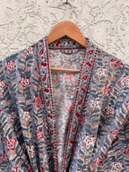 Handmade Block Print Waffle Cotton Bathrobe – Grey & Red Floral Jaipuri Robe – Lightweight Kimono Style Spa Robe – Women’s Lounge Wear Gift